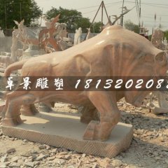 石雕牛，晚霞紅牛雕塑，晚霞紅石頭牛雕塑