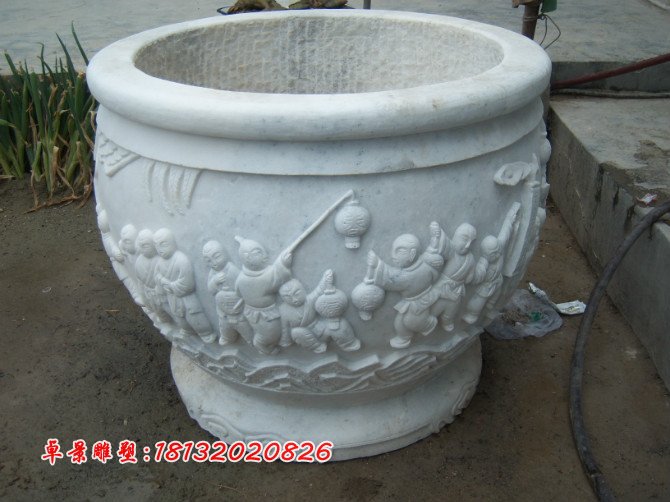 漢白玉花盆雕塑，白色石頭花盆 (2)