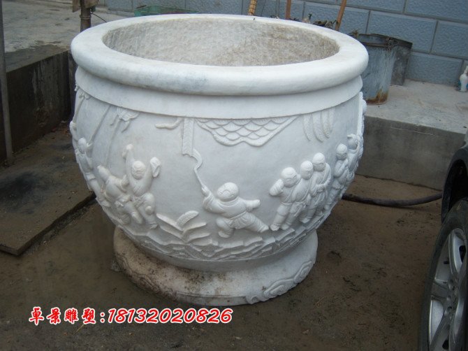 漢白玉花盆雕塑，白色石頭花盆 (1)