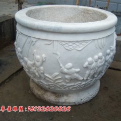 漢白玉花盆雕塑，白色石頭花盆