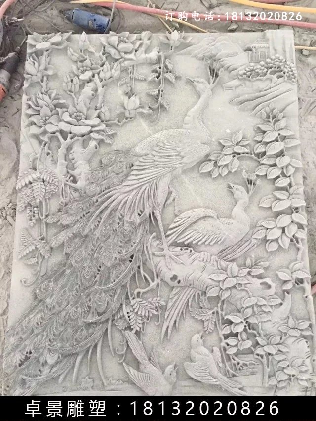 石雕百鳥(niǎo)朝鳳浮雕，漢白玉石浮雕