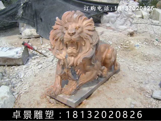 西洋獅石雕，晚霞紅西洋獅雕塑 (4)