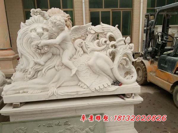 獅子與小天使石雕，漢白玉獅子和小天使雕塑