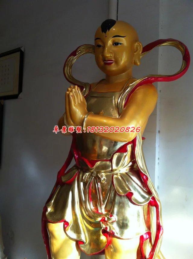 玻璃鋼善財童子雕塑，玻璃鋼彩繪貼金雕塑
