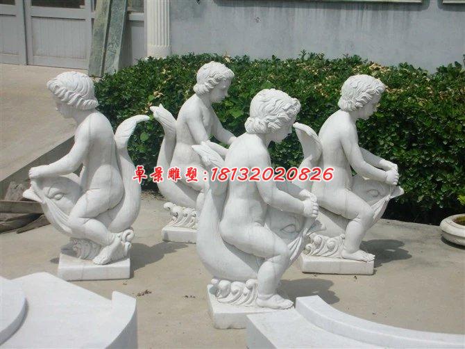 漢白玉人物雕塑,小孩騎魚(yú)石雕