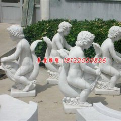 漢白玉人物雕塑，小孩騎魚(yú)石雕