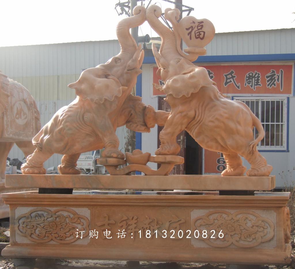吉祥獻(xiàn)寶石雕,晚霞紅大象石雕 (2)