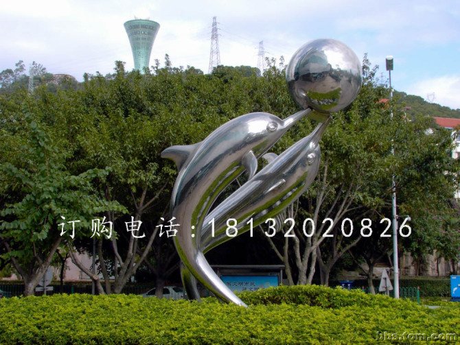 海豚頂球雕塑，公園不銹鋼雕塑