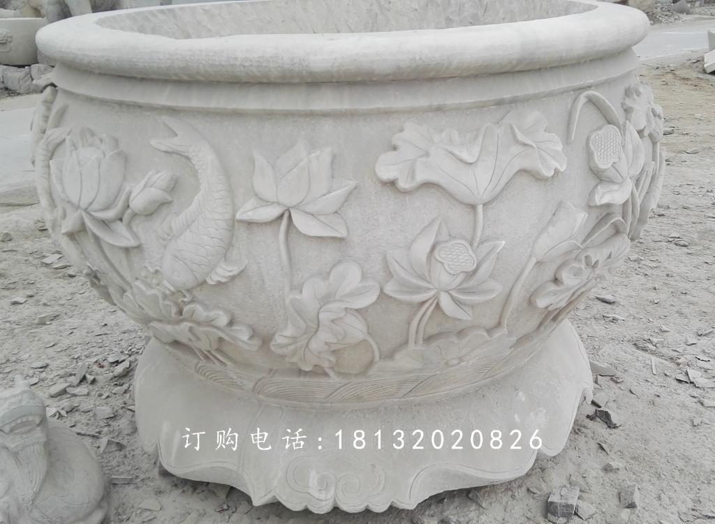 荷花與鳥花盆雕塑，水缸石雕 (1)