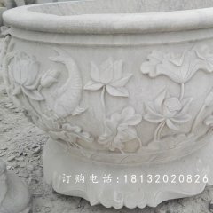 荷花與鳥花盆雕塑，水缸石雕