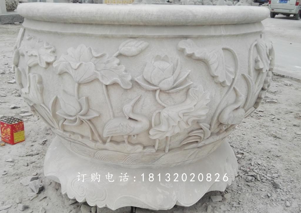 荷花與鳥花盆雕塑，水缸石雕 (2)
