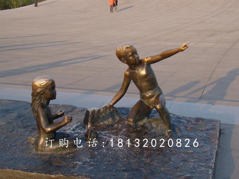 兩小無(wú)猜銅雕，公園兒童雕塑