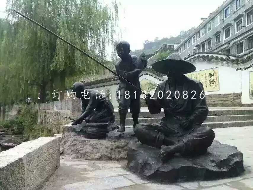 老人小孩垂釣銅雕，公園人物雕塑