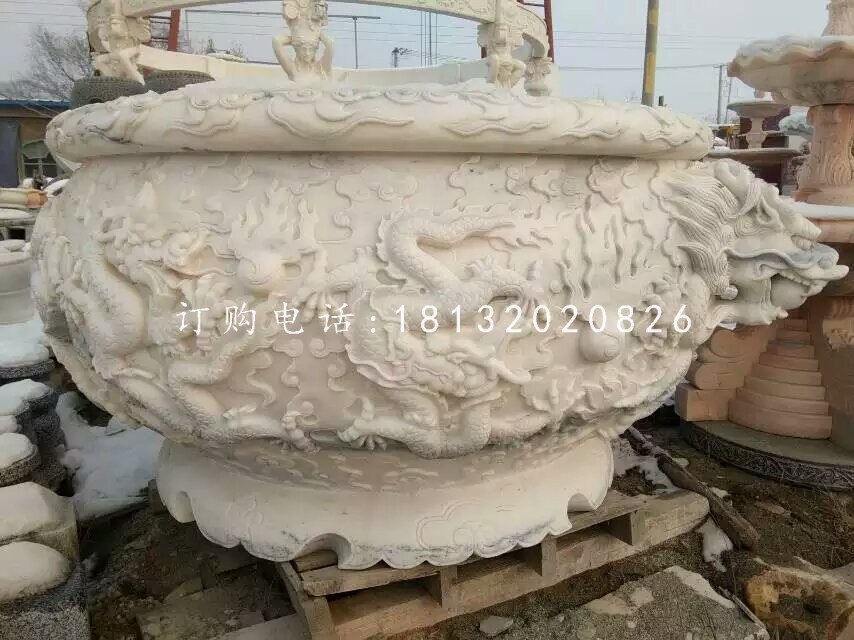 龍浮雕水缸雕塑，漢白玉石雕水缸