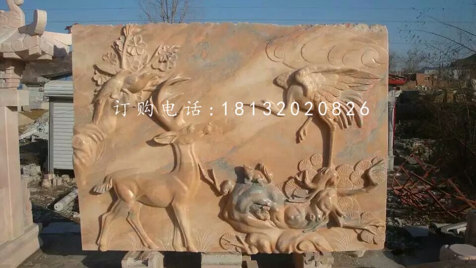 鹿鶴同春浮雕，晚霞紅石浮雕
