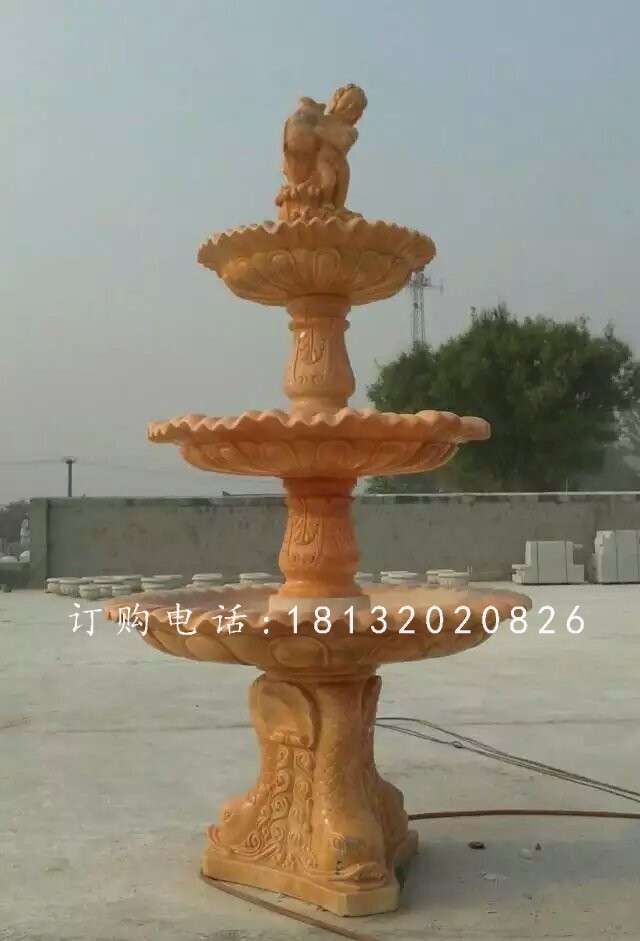 晚霞紅石雕跌水盆，石噴泉雕塑