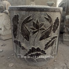 仿古青石水缸石雕，魚戲水中浮雕水缸雕塑