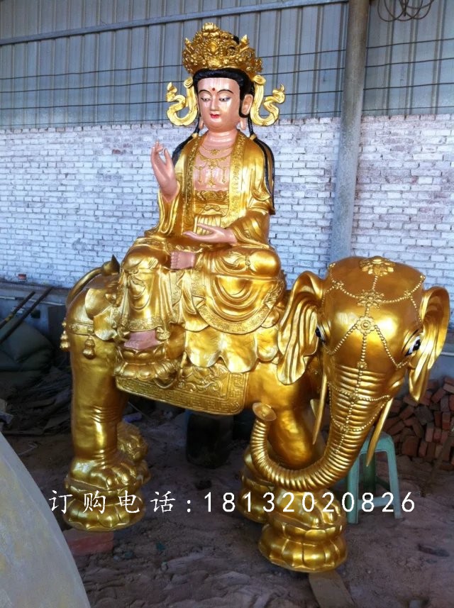 玻璃鋼普賢菩薩雕塑，貼金佛像雕塑