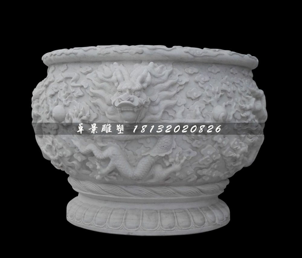 圓形石水缸，漢白玉龍浮雕水盆 (2)