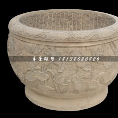 水缸石雕，荷花浮雕水缸