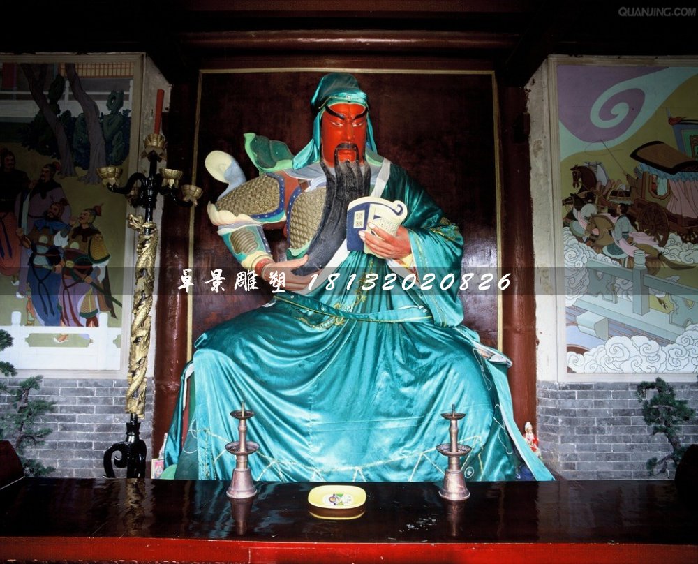 關(guān)公讀春秋雕塑，玻璃鋼彩繪關(guān)公雕塑