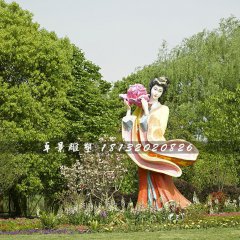 古代美女采花雕塑，玻璃鋼仿真人物雕塑