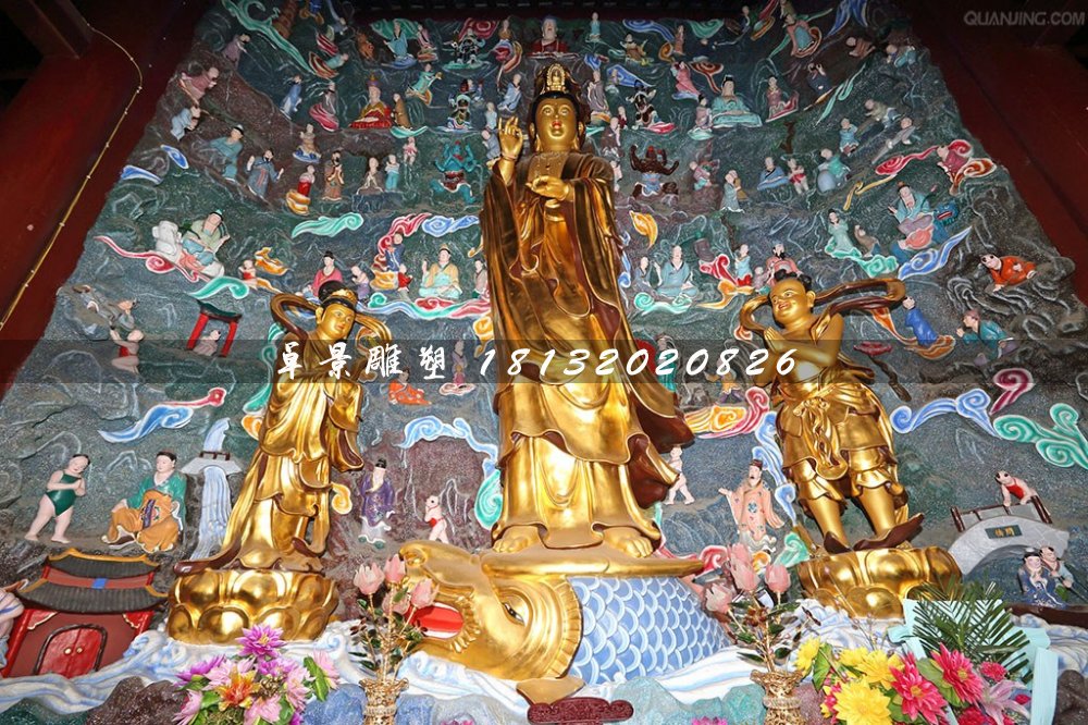 鎏金銅佛像,觀音與善財龍女銅雕