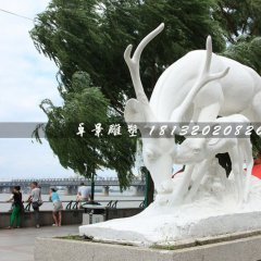 母子鹿石雕，漢白玉動物雕塑