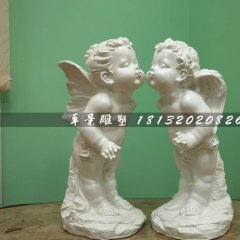 親吻小天使石雕，漢白玉小孩石雕