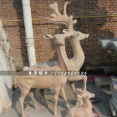 三只鹿石雕，晚霞紅動物雕塑