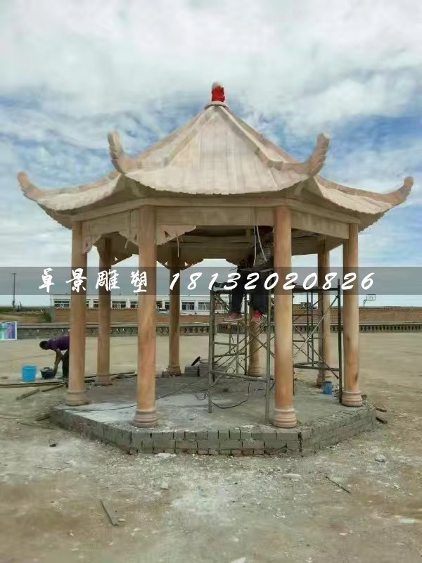 晚霞紅八角涼亭，公園石涼亭
