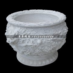 龍浮雕水缸，漢白玉水缸