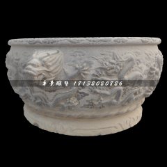 龍浮雕水缸，青石水缸