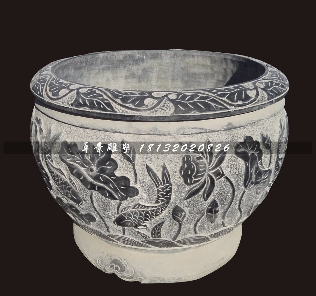 青石荷花魚水盆，仿古石水缸 (2)