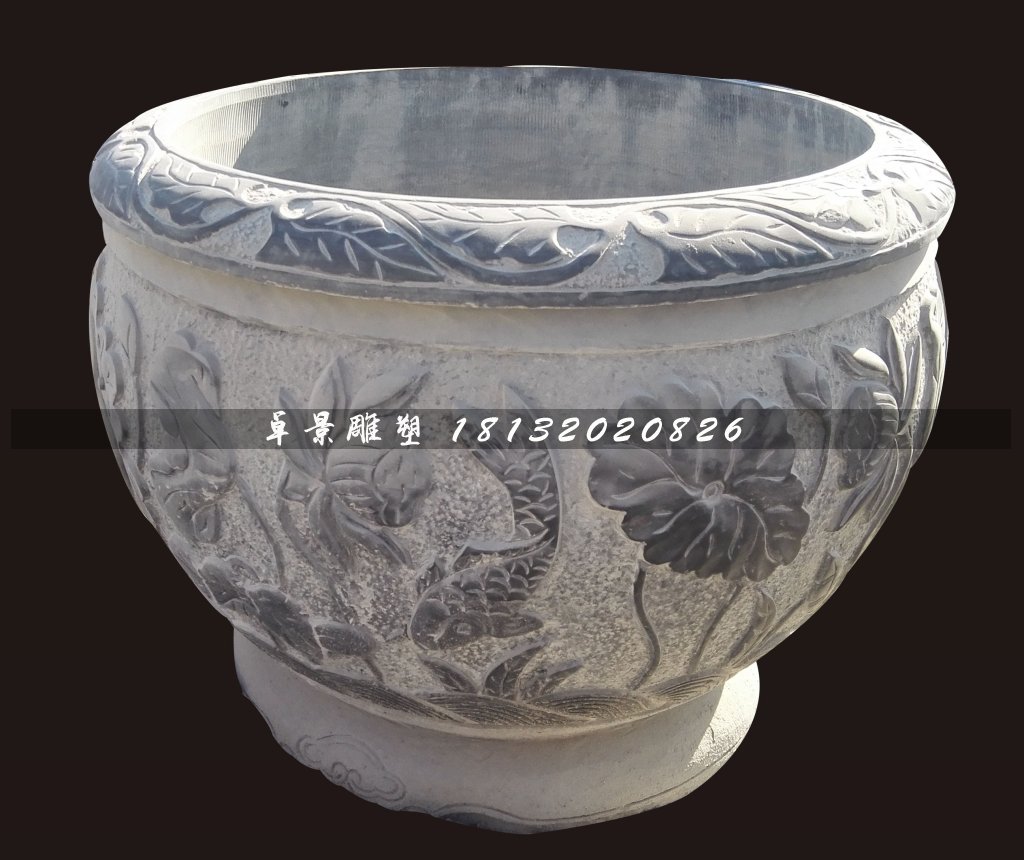 青石荷花魚水盆，仿古石水缸 (3)