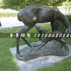 母子鹿銅雕，公園動物銅雕