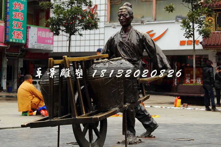獨(dú)輪車銅雕，街頭古代人物雕塑