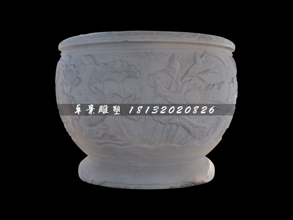 荷花浮雕水缸，圓形水缸雕塑