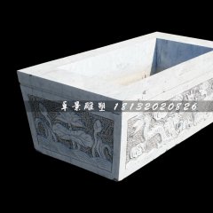 雙龍戲珠石浮雕水缸，方形水缸石雕