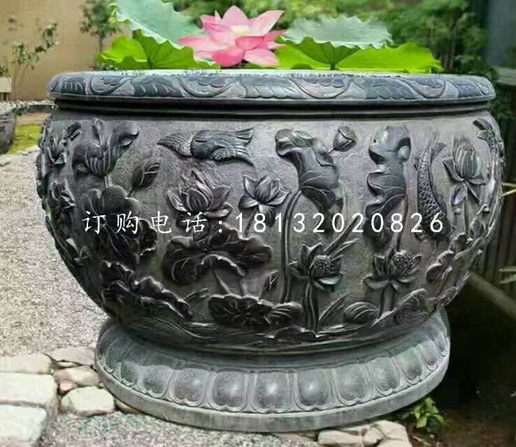 石水缸，荷花魚浮雕水缸