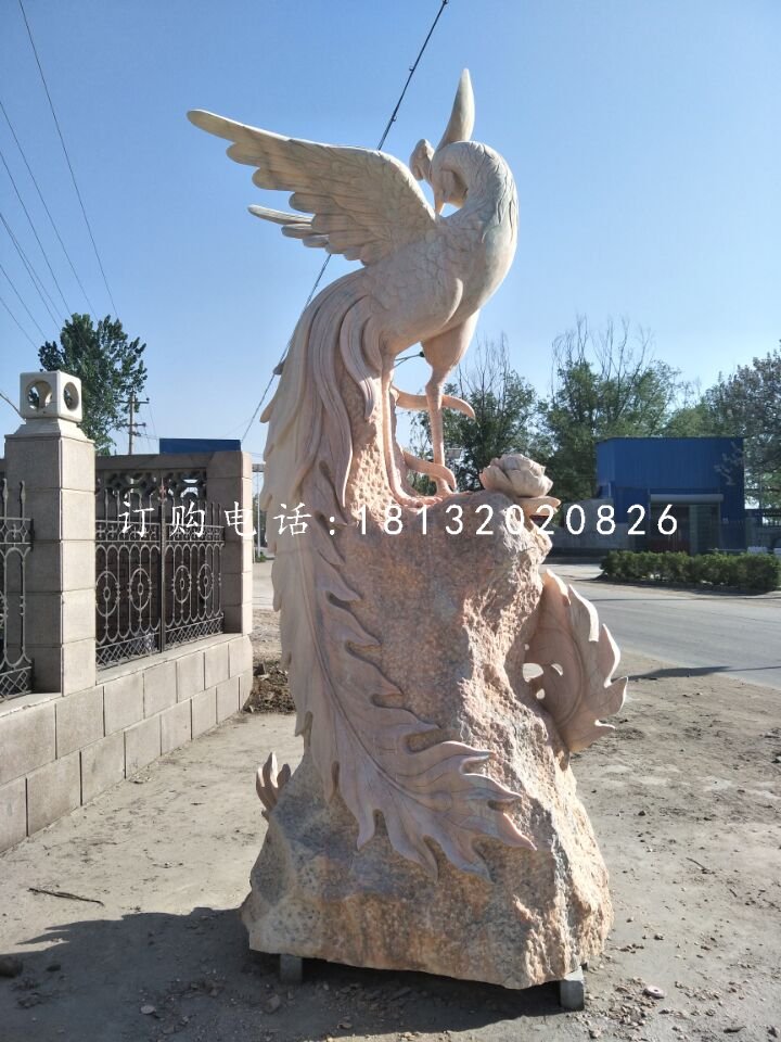 石雕鳳凰，晚霞紅神獸