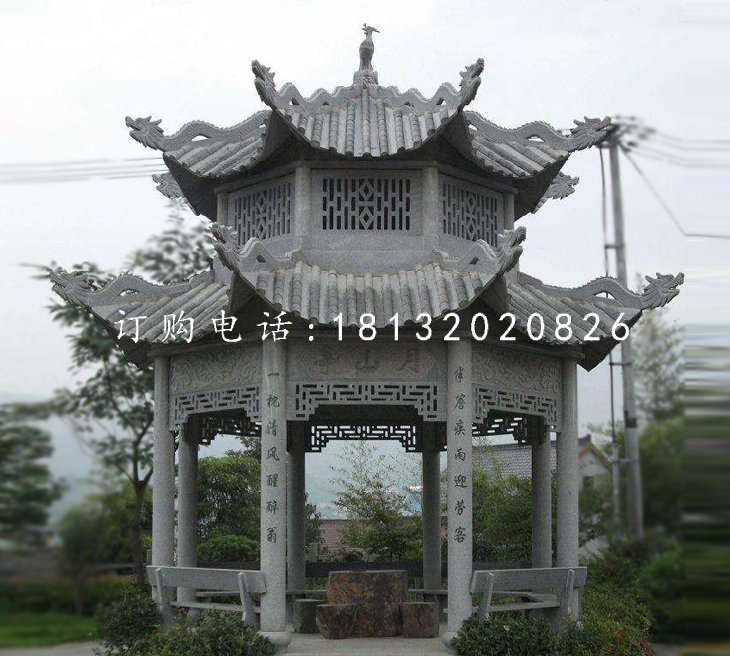 八角涼亭石雕，青石涼亭雕塑