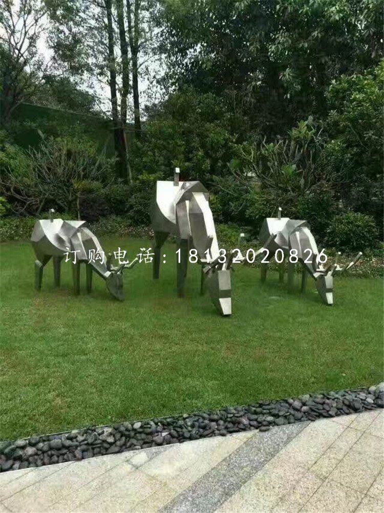 小鹿吃草雕塑，不銹鋼動(dòng)物 (3)