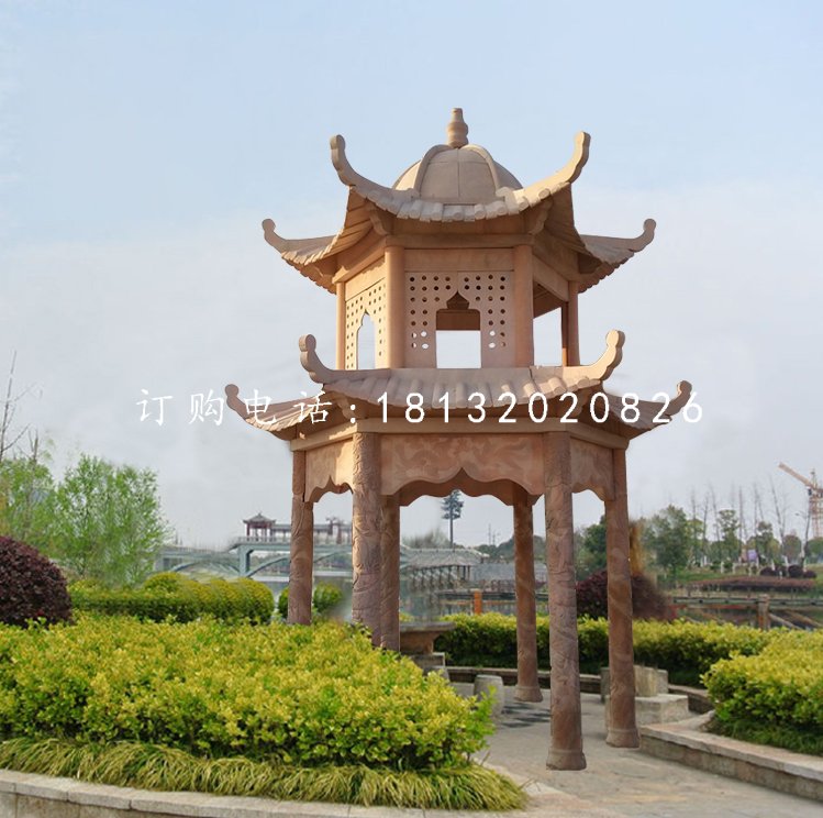 公園石亭子，晚霞紅雙層涼亭