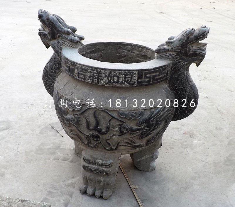 三足香爐石雕，青石圓形香爐
