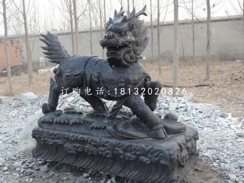 招財麒麟石雕，青石神獸