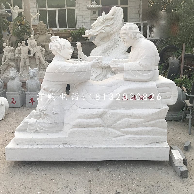 耿桔跪母石雕，漢白玉古代人物