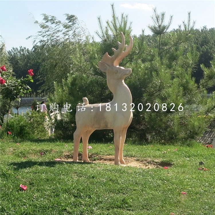 小鹿石雕，晚霞紅動物雕塑