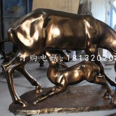母子鹿雕塑，玻璃鋼仿銅動(dòng)物雕塑