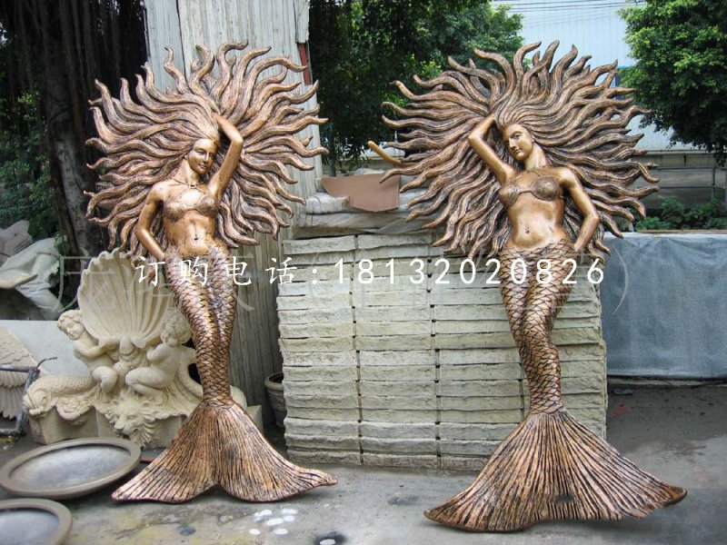 美人魚雕塑，玻璃鋼仿銅雕塑